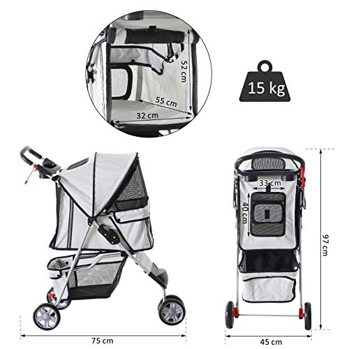 Cochecito Plegable Mascotas 75x45x97cm Perro Gato Carrito Ruedas Giran 360º Gris