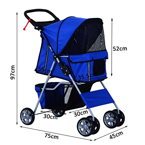 Cochecito Plegable Mascotas 75x45x97cm Perros Gatos Carrito Ruedas Giran 360º Azul