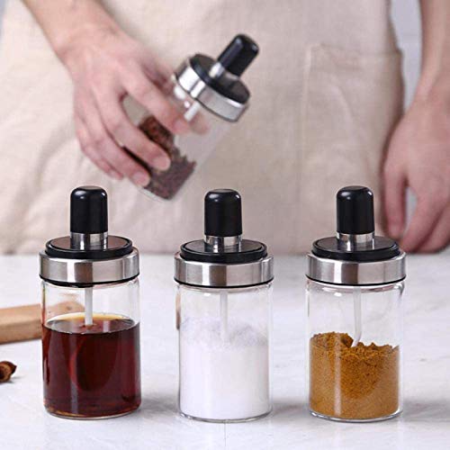Cocina de la Botella de Vidrio de Especias Creativa con Caja de Almacenamiento Frasco salero hogar de Almacenamiento de Acero Inoxidable Cuchara Especia,A