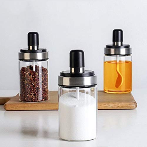 Cocina de la Botella de Vidrio de Especias Creativa con Caja de Almacenamiento Frasco salero hogar de Almacenamiento de Acero Inoxidable Cuchara Especia,A