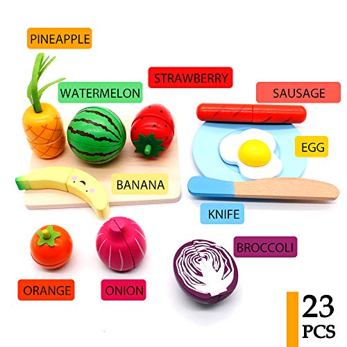 Cocina Infantil - Cortar Frutas Verduras Juguetes Madera Alimentos de Juguete Frutas y Verduras Juguete con 23PCS Set de Cocina para Niños Niñas 3 4 5 Años+