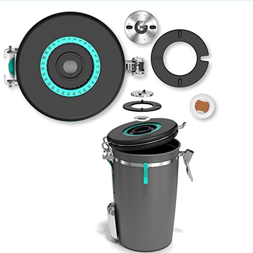 Coffee Gator Recipiente de Acero Inoxidable Válvula de liberación de CO2, Cuchara magnética y Clip para Guardar Bolsas – hasta 645 g de Granos – Capacidad: 1,9 litros