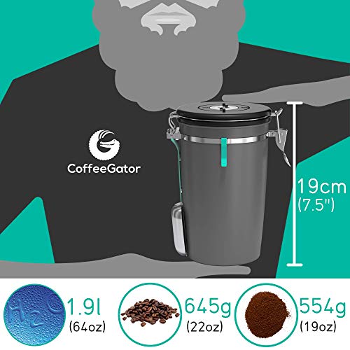 Coffee Gator Recipiente de Acero Inoxidable Válvula de liberación de CO2, Cuchara magnética y Clip para Guardar Bolsas – hasta 645 g de Granos – Capacidad: 1,9 litros