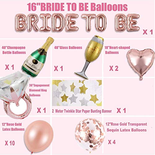 Cojoy Globos para despedida de soltera, 1 pcs Globos con letras de BRIDE TO BE, 14 pcs Globos de látex, 5 pcs globos de aluminio, Guirnalda colgante con forma de estrella de 2 M