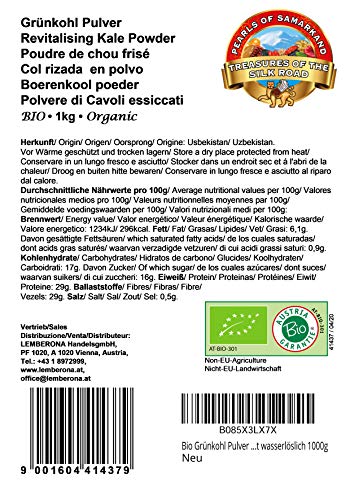 Col rizada en polvo ecológica 1 kg biológico, 100% Kale crudo, vigorizante, orgánico, perfecto y ideal para zumos, batidos de súper alimento, bebidas, no soluble en agua 1000g