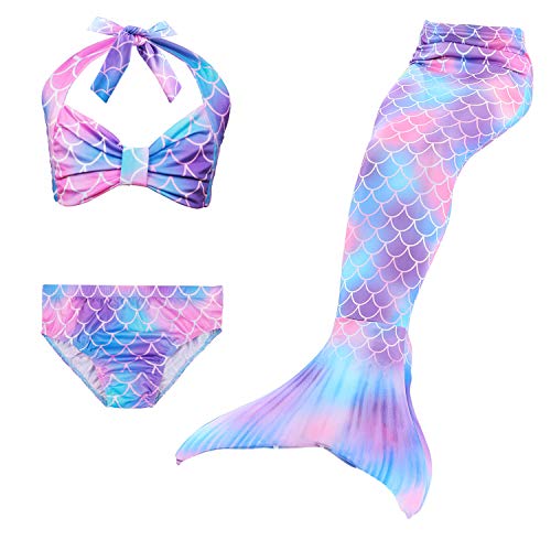 Cola de Sirena Niña 4pcs Traje de Baño Mermaid Bikini Establece Disfraz de Sirena para Niña Princesa Cosplay Conjuntos con Diadema de Flores