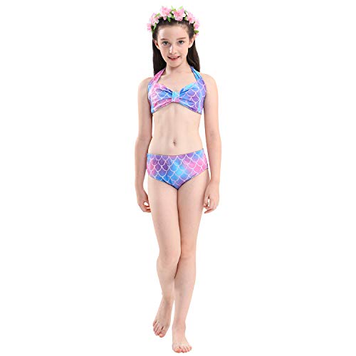 Cola de Sirena Niña 4pcs Traje de Baño Mermaid Bikini Establece Disfraz de Sirena para Niña Princesa Cosplay Conjuntos con Diadema de Flores