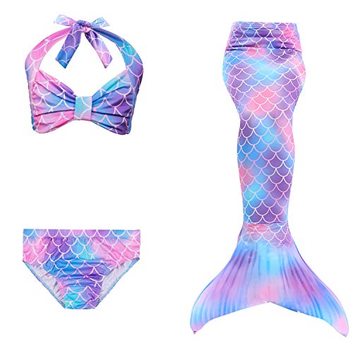 Cola de Sirena Niña 4pcs Traje de Baño Mermaid Bikini Establece Disfraz de Sirena para Niña Princesa Cosplay Conjuntos con Diadema de Flores