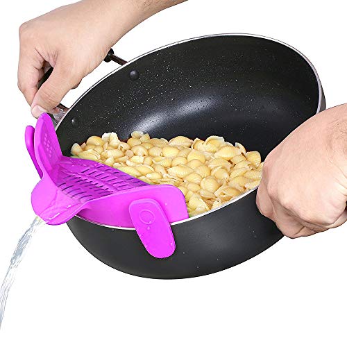 Colador de silicona con clip, filtro de escurridor YuCool manos libres resistente al calor para colador y colador de broches en cuencos, ollas y sartenes, con 2 guantes de silicona, color morado