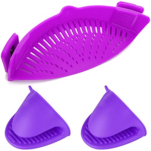 Colador de silicona con clip, filtro de escurridor YuCool manos libres resistente al calor para colador y colador de broches en cuencos, ollas y sartenes, con 2 guantes de silicona, color morado