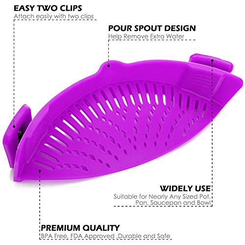 Colador de silicona con clip, filtro de escurridor YuCool manos libres resistente al calor para colador y colador de broches en cuencos, ollas y sartenes, con 2 guantes de silicona, color morado
