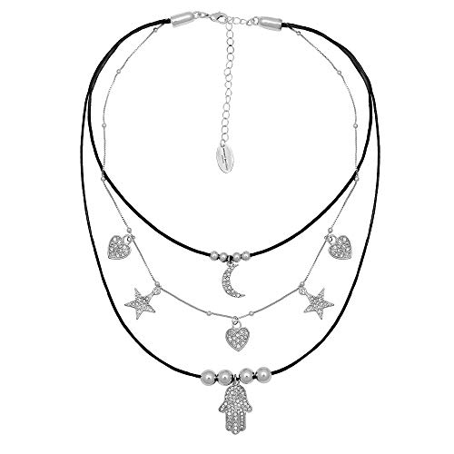 Collar de Triple Capa de Encanto Celestial en Plata 18ct. Efecto Cristal Tres Capas Estrellas de Luna Corazón Hamsa Collar de Mano para Mujeres 41cm 43cm 52cm