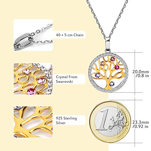 Collar Mujer, Árbol de la Vida Plata de Ley 925 Colgante con Cristales Swarovski,Ideal Regalo para Madre/Esposa/Navidad/Cumpleaños