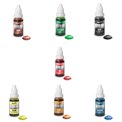 COLOR FLO - 7 X Colorantes líquido alimentario muy concentrado para aerógrafo, mezclas de azúcar, cremas, pasteles (Marrón, verde, rojo, negro, amarillo, azul marino y naranja)