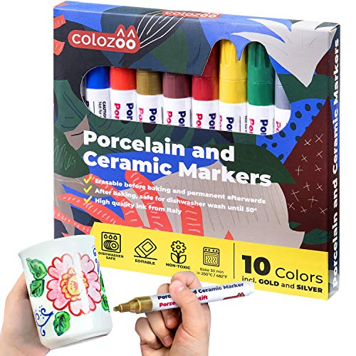 Colozoo Rotuladores Para Porcelana Seguros En Lavavajillas | 10 Rotuladores Para Cerámica De Colores Brillantes Con Oro Y Plata Inclusos