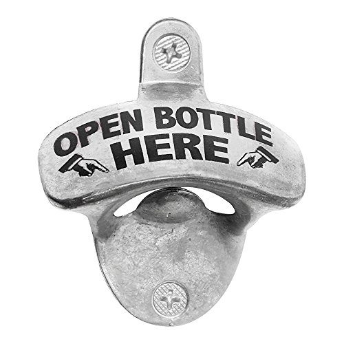 com-four® 4 Abrebotellas Hecho de Metal con Impresión, Abridor de Cerveza con Montaje en la Pared, 8 x 6,5 cm (Open Bottle Here - 04 Piezas)