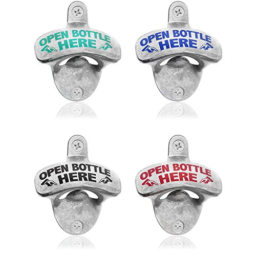 com-four® 4 Abrebotellas Hecho de Metal con Impresión, Abridor de Cerveza con Montaje en la Pared, 8 x 6,5 cm (Open Bottle Here - 04 Piezas)