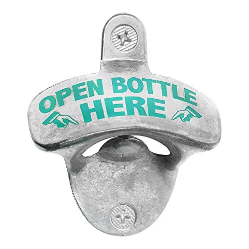com-four® 4 Abrebotellas Hecho de Metal con Impresión, Abridor de Cerveza con Montaje en la Pared, 8 x 6,5 cm (Open Bottle Here - 04 Piezas)