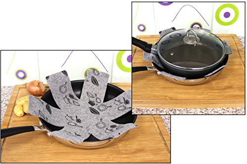 com-four® 9x pan protector hecho de fieltro, protección contra rayones para sartenes, con motivos decorativos, en negro, rojo y gris (09 piezas - gris/rojo/negro)