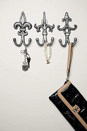 Comfify Set de 3 - Ganchos de Pared Doble Flor De lis de Hierro Fundido/Ganchos - Gancho de Pared Decorativo de la colección - Hierro Fundido rústico - con Tornillos y Anclajes - Negro Plata