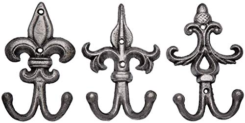 Comfify Set de 3 - Ganchos de Pared Doble Flor De lis de Hierro Fundido/Ganchos - Gancho de Pared Decorativo de la colección - Hierro Fundido rústico - con Tornillos y Anclajes - Negro Plata