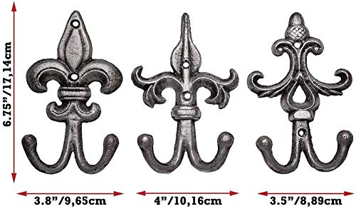 Comfify Set de 3 - Ganchos de Pared Doble Flor De lis de Hierro Fundido/Ganchos - Gancho de Pared Decorativo de la colección - Hierro Fundido rústico - con Tornillos y Anclajes - Negro Plata