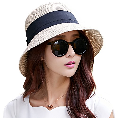 Comhats sombrero de verano de paja con sombrilla para mujer sombrero de sol suelto de playa de ala ancha Beigemix M