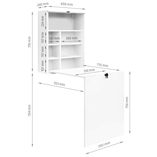 COMIFORT Escritorio Colgante - Mesa de Pared Plegable con Librería de Estructura Firme, Moderna y Minimalista con Baldas Espaciosas y de Gran Capacidad, Color Blanco