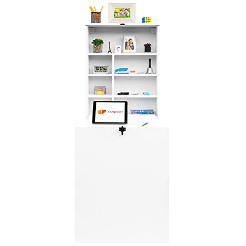 COMIFORT Escritorio Colgante - Mesa de Pared Plegable con Librería de Estructura Firme, Moderna y Minimalista con Baldas Espaciosas y de Gran Capacidad, Color Blanco