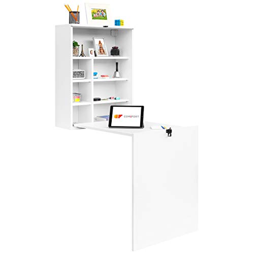 COMIFORT Escritorio Colgante - Mesa de Pared Plegable con Librería de Estructura Firme, Moderna y Minimalista con Baldas Espaciosas y de Gran Capacidad, Color Blanco