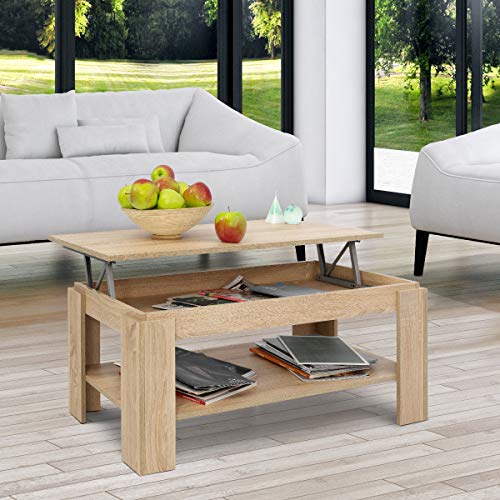 COMIFORT Mesa de Centro Elevable - Mueble con Revistero, Gran Almacenaje, Estilo Moderno, Muy Resistente, Fabricada en Europa, Color Sonoma