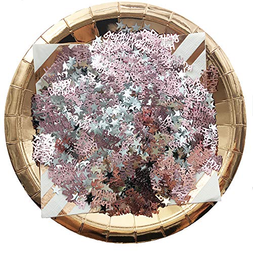 Confetis para mesa de cumpleaños feliz cumpleaños y estrella plateada confetis para decoración de mesa de cumpleaños (30 g) (oro rosa 1)
