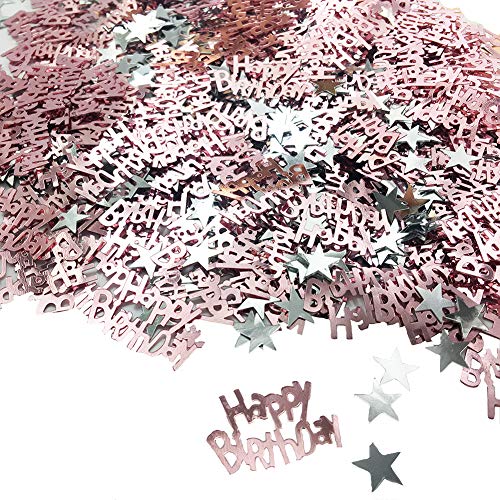 Confetis para mesa de cumpleaños feliz cumpleaños y estrella plateada confetis para decoración de mesa de cumpleaños (30 g) (oro rosa 1)