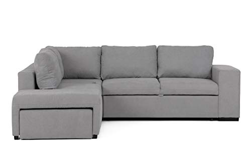 Confort24 Zurie Sofá Cama 4 Plazas Esquinero Derecha o Izquierda con Puff 2 Arcóns y Estante Tela Gris Grande Salon Decoración de Hogar