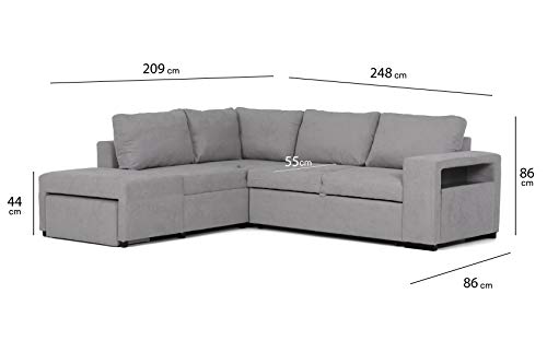 Confort24 Zurie Sofá Cama 4 Plazas Esquinero Derecha o Izquierda con Puff 2 Arcóns y Estante Tela Gris Grande Salon Decoración de Hogar