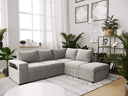 Confort24 Zurie Sofá Cama 4 Plazas Esquinero Derecha o Izquierda con Puff 2 Arcóns y Estante Tela Gris Grande Salon Decoración de Hogar