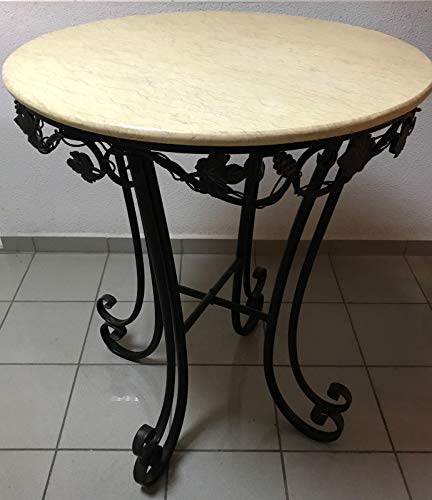Conjunto Bar 1. Conjunto de Mesa Alta con Top de mármol Beige y 4 sillas a Juego. Decoración de forja. Muy Decorativo. para Interiores o terrazas.