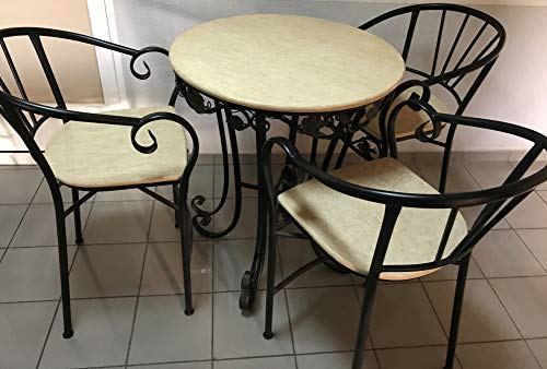 Conjunto Bar 1. Conjunto de Mesa Alta con Top de mármol Beige y 4 sillas a Juego. Decoración de forja. Muy Decorativo. para Interiores o terrazas.