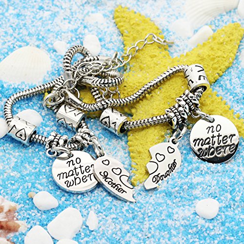 Conjunto de 2 pulseras para madre e hija con colgante redondo con mensaje "No matter where" y corazón dividido, regalo para mujer