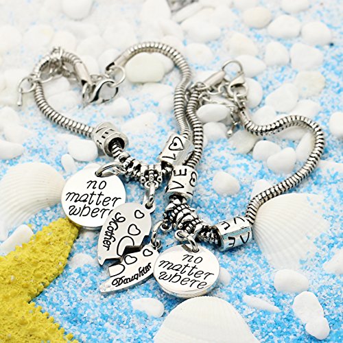 Conjunto de 2 pulseras para madre e hija con colgante redondo con mensaje "No matter where" y corazón dividido, regalo para mujer