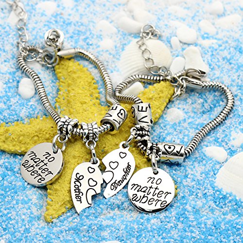 Conjunto de 2 pulseras para madre e hija con colgante redondo con mensaje "No matter where" y corazón dividido, regalo para mujer
