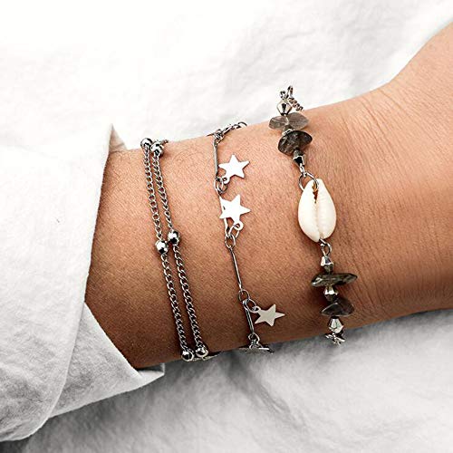 Conjunto de 3 piezas de la cadena del tobillo de las mujeres de la cáscara de la estrella de plata Tobilleras de la muchacha