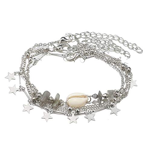 Conjunto de 3 piezas de la cadena del tobillo de las mujeres de la cáscara de la estrella de plata Tobilleras de la muchacha