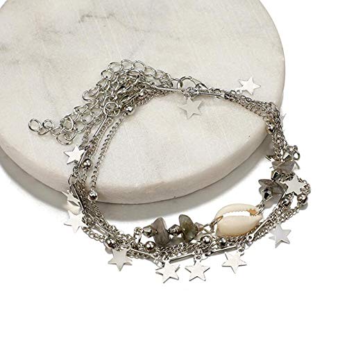 Conjunto de 3 piezas de la cadena del tobillo de las mujeres de la cáscara de la estrella de plata Tobilleras de la muchacha