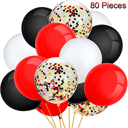 Conjunto de 80 Globos de Fiesta Globos con Confeti Globos de Látex para Decoración de Fiesta, 12 Pulgadas (Rojo, Negro, Blanco)