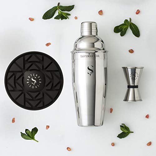 Conjunto de Coctelera Profesional - 750 ml - 0,8mm - Con Jigger, Versátil Posavasos de Silicona y Guía de Recetas – Juego de acero inoxidable de calidad garantizada para servicios intensos