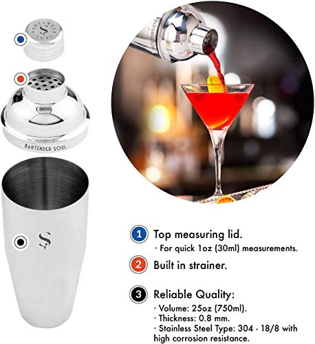 Conjunto de Coctelera Profesional - 750 ml - 0,8mm - Con Jigger, Versátil Posavasos de Silicona y Guía de Recetas – Juego de acero inoxidable de calidad garantizada para servicios intensos