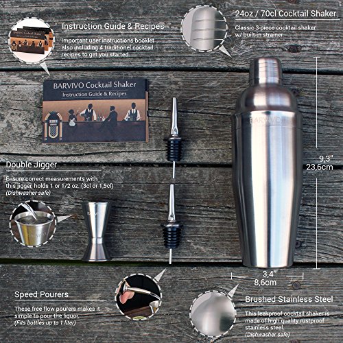 Conjunto de coctelera profesional BARVIVO, con un medidor doble y 2 vertedores de licor - 700ml Mezclador de acero inoxidable cepillado perfecto para preparar en casa martinis, margaritas y más..