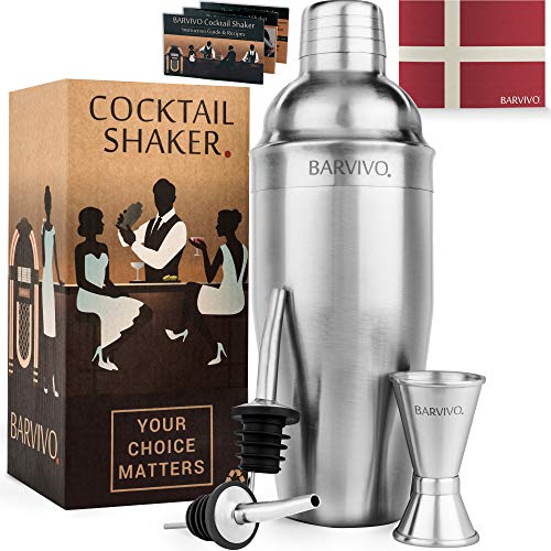 Conjunto de coctelera profesional BARVIVO, con un medidor doble y 2 vertedores de licor - 700ml Mezclador de acero inoxidable cepillado perfecto para preparar en casa martinis, margaritas y más..