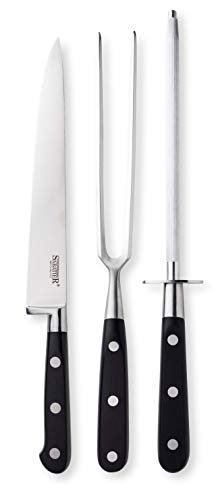 Conjunto De Cuchillo Sabatier Tallado Profesional De 3 Piezas, Tenedor Y Acero Afilado. Cromo-Molibdeno-Vanadio Hoja De Acero Inoxidable. Construcción Completa De Remache Triple Tang